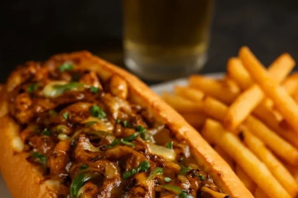 Delicious BBQ chicken cheesesteak sandwich with melted cheese and BBQ sauce