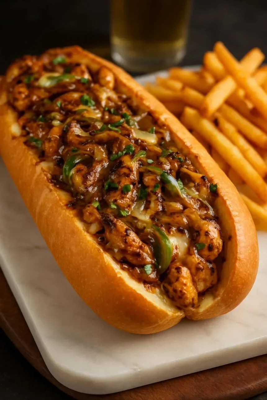 Delicious BBQ chicken cheesesteak sandwich with melted cheese and BBQ sauce