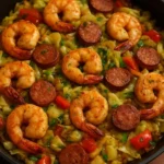 Cajun shrimp skillet with sausage and cabbage in a pan
