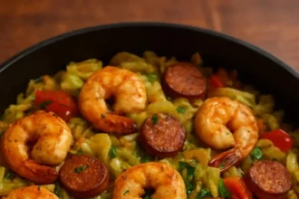 Cajun shrimp skillet with sausage and cabbage in a pan