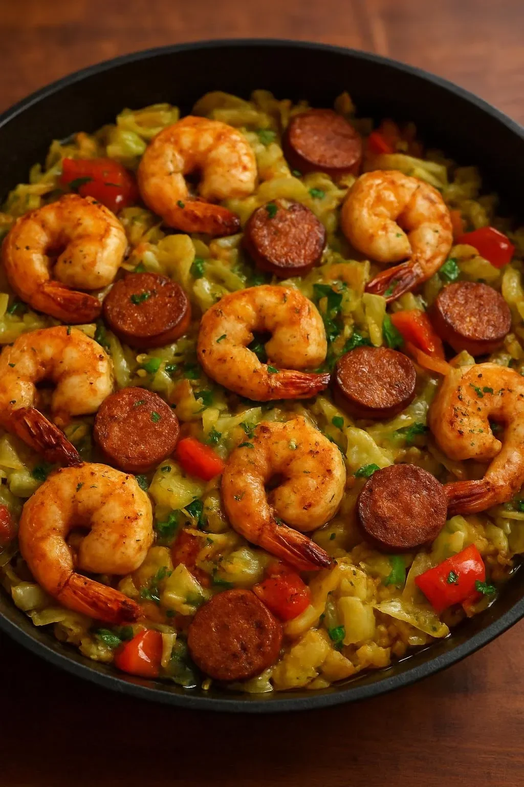 Cajun shrimp skillet with sausage and cabbage in a pan