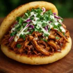 Easy chicken arepas topped with fresh slaw served on a plate.