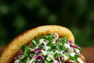 Easy chicken arepas topped with fresh slaw served on a plate.
