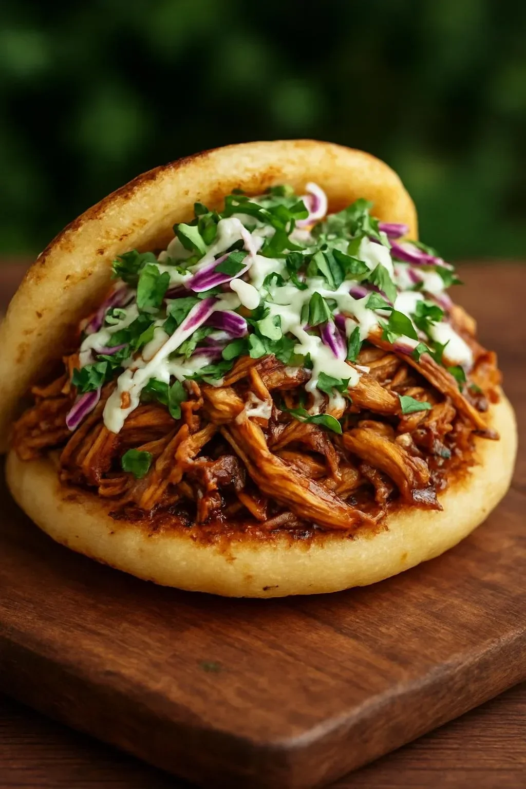Easy chicken arepas topped with fresh slaw served on a plate.