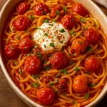 Delicious creamy burrata tomato pasta bake in a baking dish