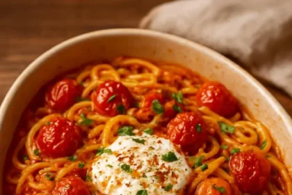 Delicious creamy burrata tomato pasta bake in a baking dish
