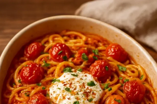 Delicious creamy burrata tomato pasta bake in a baking dish