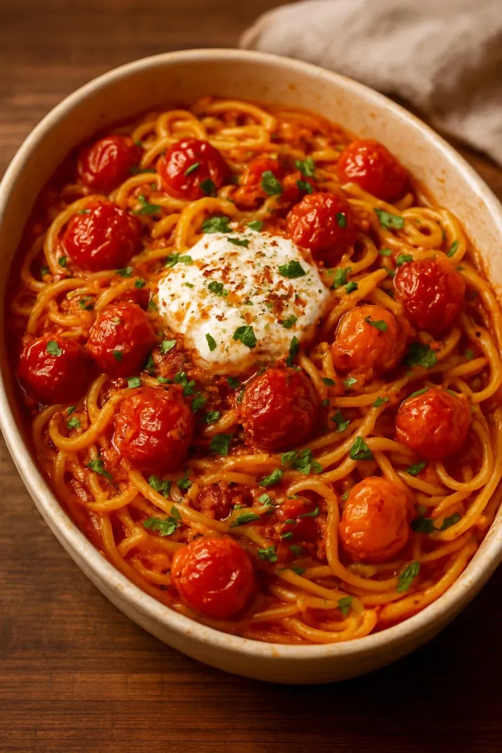 Delicious creamy burrata tomato pasta bake in a baking dish