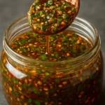 Homemade ginger scallion chili oil in a glass jar