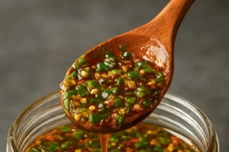 Homemade ginger scallion chili oil in a glass jar