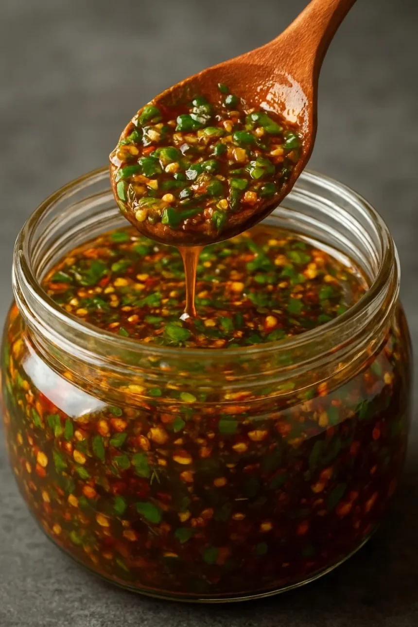 Homemade ginger scallion chili oil in a glass jar