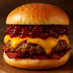 Delicious peanut butter burger with beef patty and jelly topping