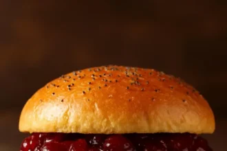 Delicious peanut butter burger with beef patty and jelly topping