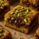 Delicious homemade pistachio blondies topped with chopped nuts