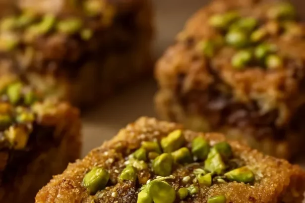 Delicious homemade pistachio blondies topped with chopped nuts