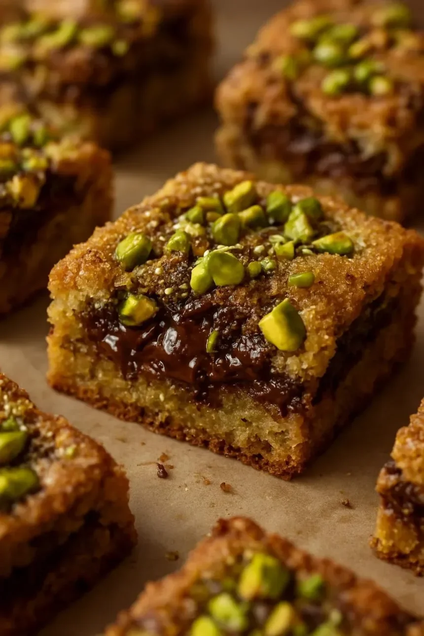 Delicious homemade pistachio blondies topped with chopped nuts