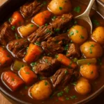 Delicious easy slow cooker beef stew in a bowl with fresh herbs and vegetables