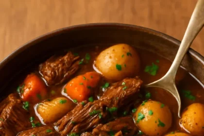 Delicious easy slow cooker beef stew in a bowl with fresh herbs and vegetables