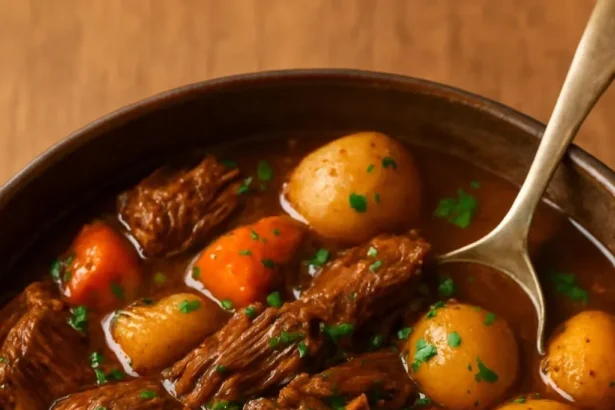 Delicious easy slow cooker beef stew in a bowl with fresh herbs and vegetables