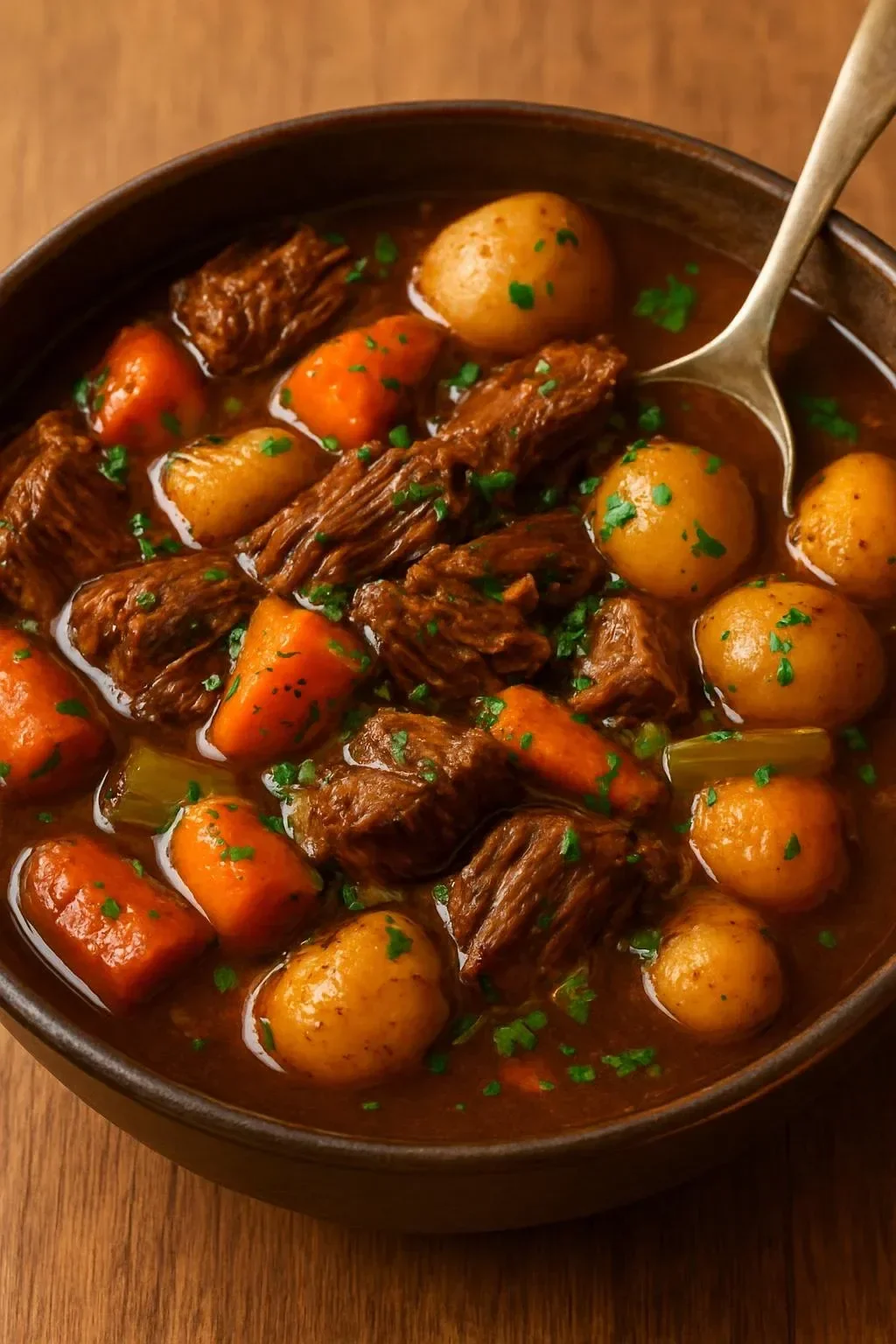 Delicious easy slow cooker beef stew in a bowl with fresh herbs and vegetables