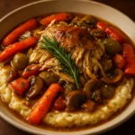 Easy slow cooker chicken pot roast served with vegetables