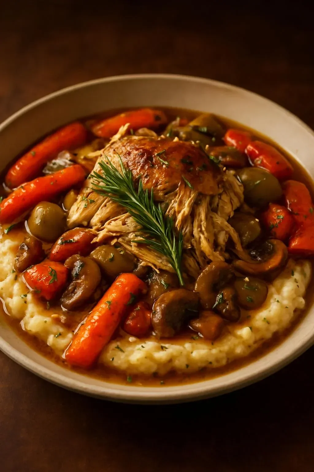 Easy slow cooker chicken pot roast served with vegetables