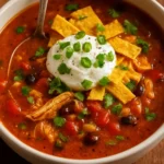 Bowl of smoky chicken soup with bacon and black beans garnished with fresh herbs