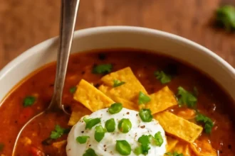 Bowl of smoky chicken soup with bacon and black beans garnished with fresh herbs