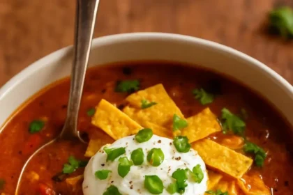 Bowl of smoky chicken soup with bacon and black beans garnished with fresh herbs