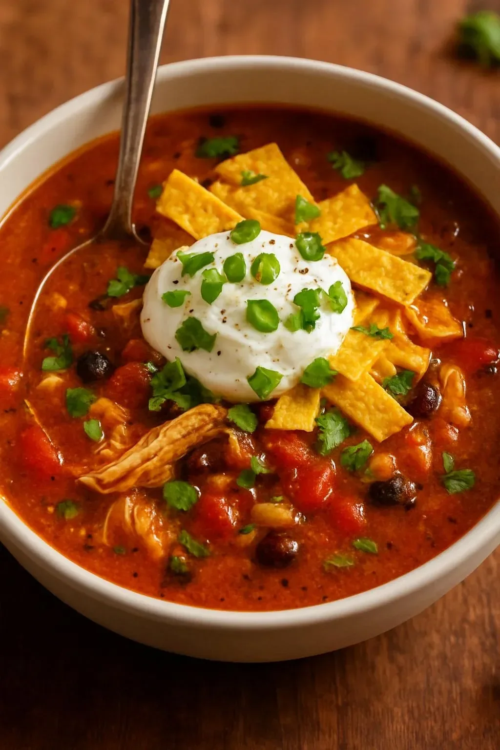 Bowl of smoky chicken soup with bacon and black beans garnished with fresh herbs