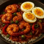 Easy spicy shrimp and pepper rice bowl garnished with fresh herbs.