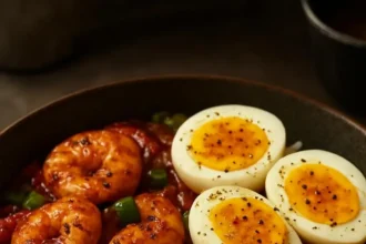 Easy spicy shrimp and pepper rice bowl garnished with fresh herbs.