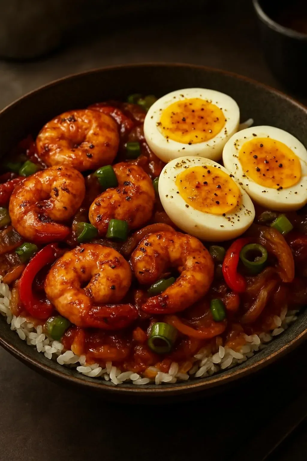 Easy spicy shrimp and pepper rice bowl garnished with fresh herbs.