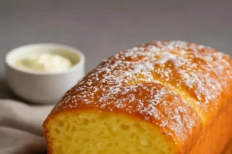 Loaf of easy sweet condensed milk bread on a wooden table