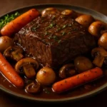 Tender beef roast with assorted vegetables in a savory dish