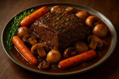 Tender beef roast with assorted vegetables in a savory dish