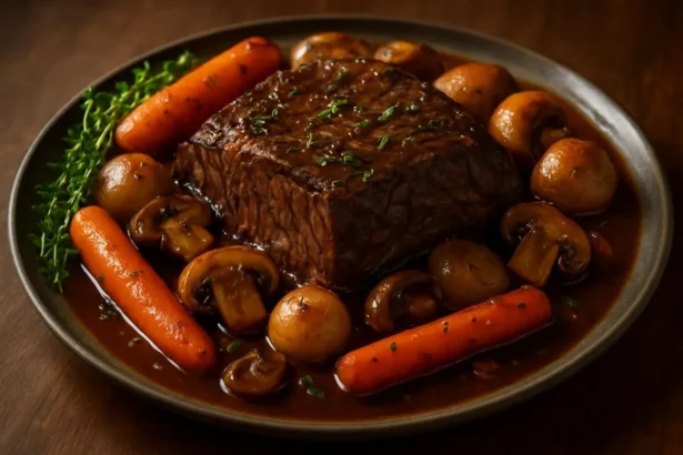 Tender beef roast with assorted vegetables in a savory dish