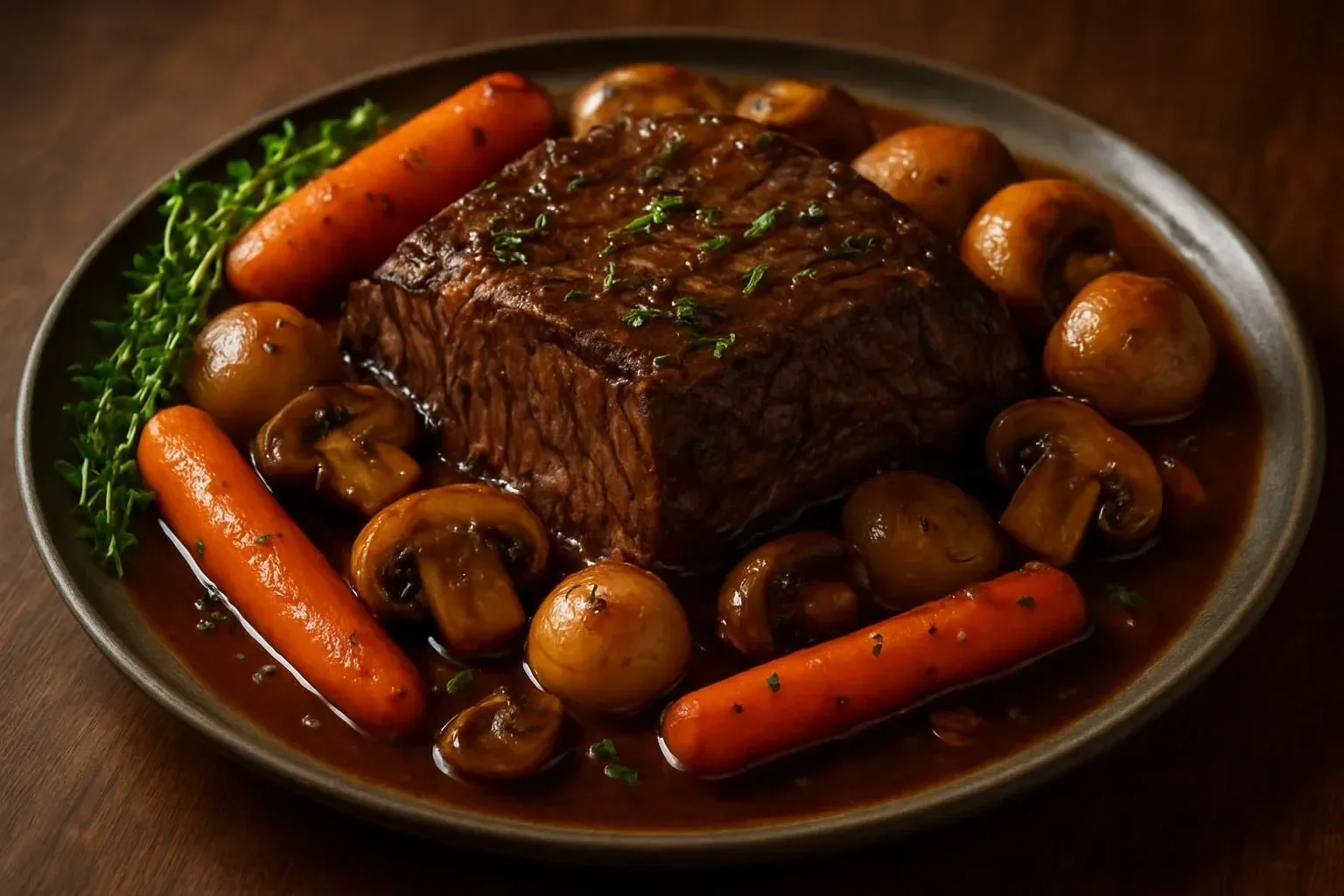 Tender beef roast with assorted vegetables in a savory dish