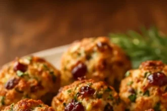 Festive Cranberry Turkey Stuffing Balls served in a holiday platter