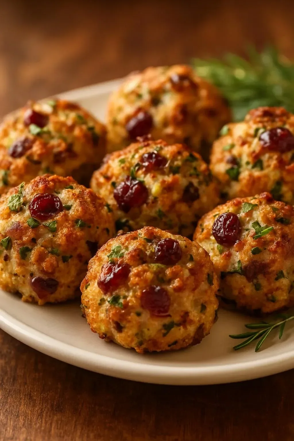Festive Cranberry Turkey Stuffing Balls served in a holiday platter