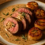 Delicious filet mignon with a creamy peppercorn sauce served on a plate