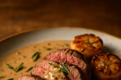 Delicious filet mignon with a creamy peppercorn sauce served on a plate
