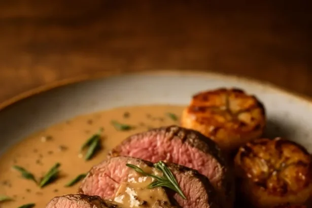 Delicious filet mignon with a creamy peppercorn sauce served on a plate