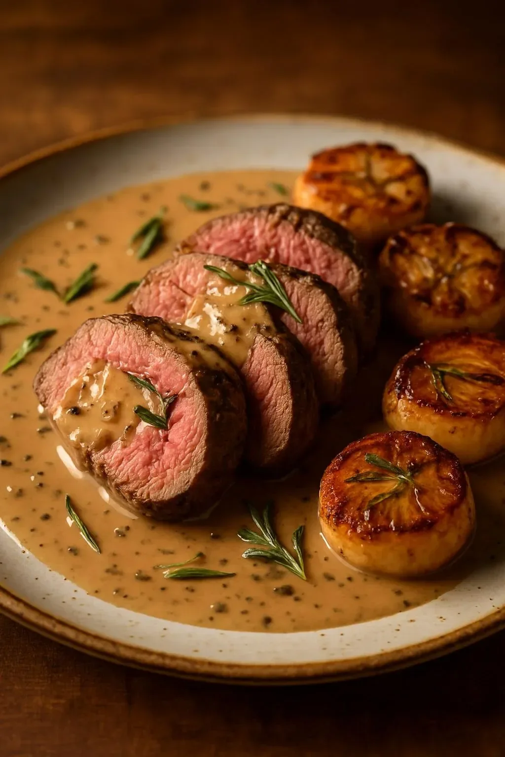 Delicious filet mignon with a creamy peppercorn sauce served on a plate