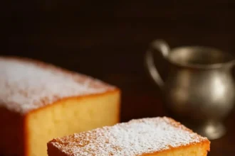 Delicious slice of French Butter Cake served on a plate.