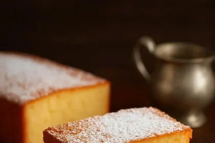 Delicious slice of French Butter Cake served on a plate.