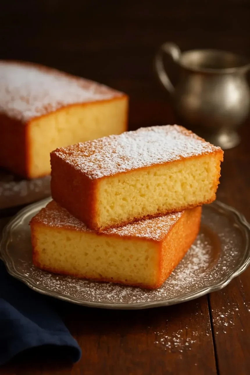Delicious slice of French Butter Cake served on a plate.