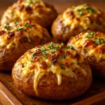 French onion and mushroom stuffed baked potatoes ready to serve