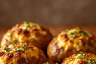 French onion and mushroom stuffed baked potatoes ready to serve