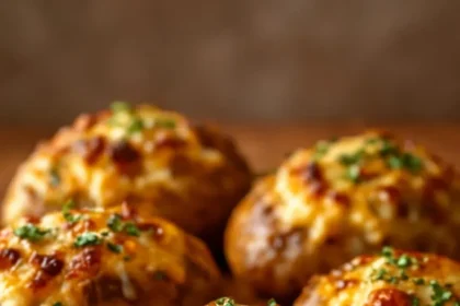 French onion and mushroom stuffed baked potatoes ready to serve